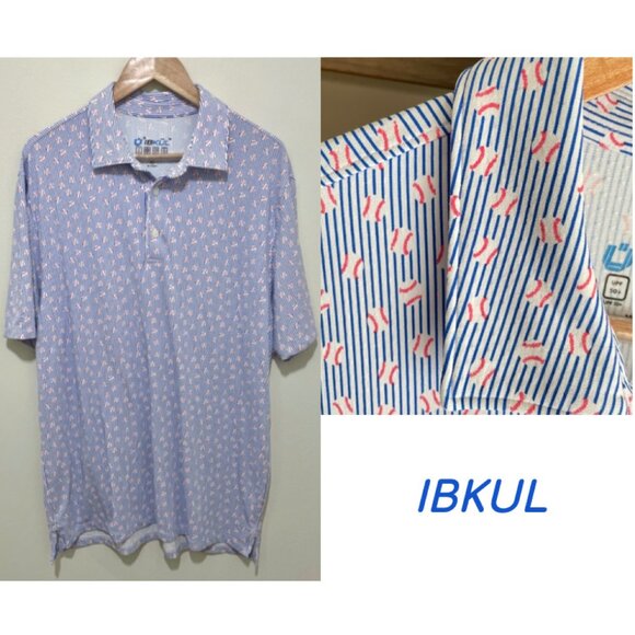 🎉 NEW LISTING IBKUL Blue and White Baseball Patterned Polo Shirt, Size XL - Picture 1 of 10